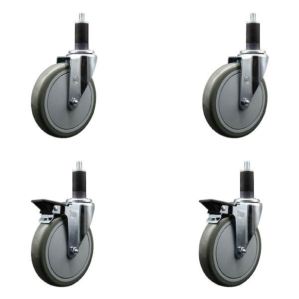6'' Gray Poly Wheel Swivel 1-1/4'' Expanding Stem Caster Set 2 Brakes, 4PK